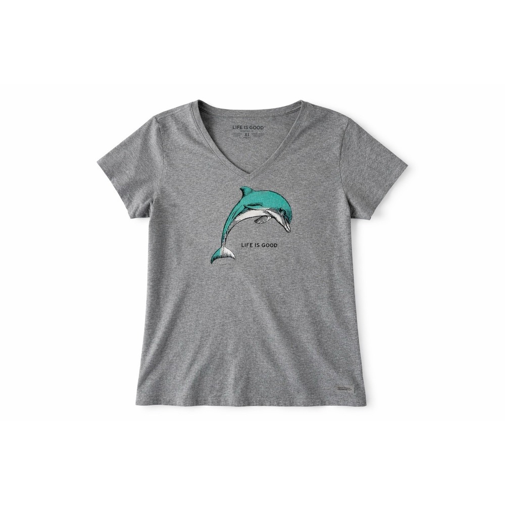 Life Is Good Women's Gray Dolphin‎ V-neck Cotton Blend Tee T-Shirt XL